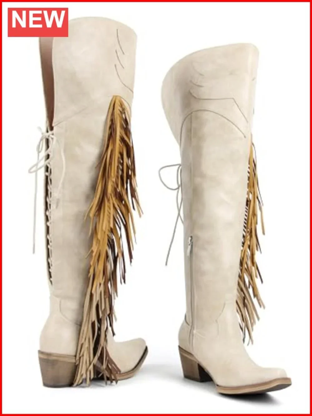 Over Knee Cowboy Boots with Fringe - Thigh High Block Low Heel Bootie